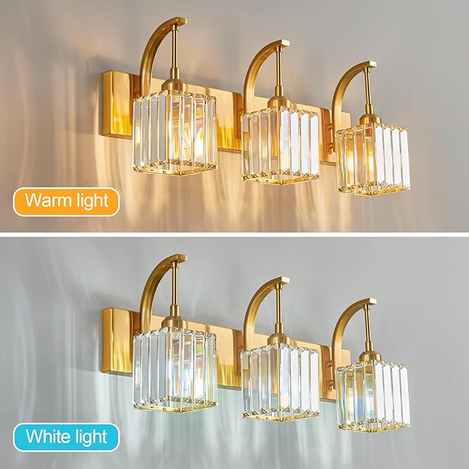 Crystal Vanity Lights 3-Light Gold Bathroom Vanity Lights Modern Crystal Bathroom Light Fixtures Over Mirror 23.62" Long Vanity Light for Bathroom