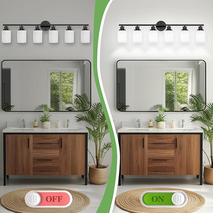 6-Light Bathroom Light Fixtures, Vanity Lights for Mirror with Textured Milky White Glass Shade, E26 Base Modern Kitchen Light Fixtures Wall Sconce Light - Black