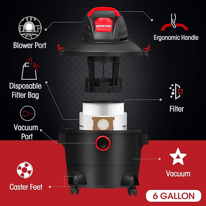 Shop-Vac 5920689 Wet/Dry Vacuum Cleaner, 6 Gallon, 3.0 Peak HP, 1.25 Inch Diameter x 7 Foot Hose, 6 Foot Cord, Ideal for Jobsite, Garage & Workshop