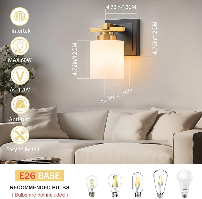 1 Light Modern Bathroom Light Fixtures Over Mirror, Black Gold Vanity Lights for Bathroom Wall Sconces with Milky White Glass Shades, E26 Socket (Bulbs Not Included)