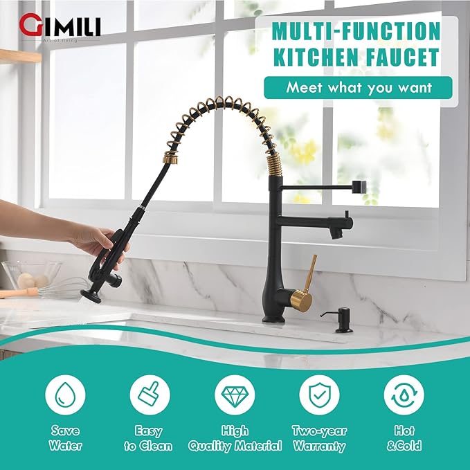 GIMILI Commercial Kitchen Faucet with Pull Down Sprayer, Double Headed Single Handle High Pressure Kitchen with Soap Dispenser Matte Black&Gold