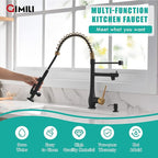 GIMILI Commercial Kitchen Faucet with Pull Down Sprayer, Double Headed Single Handle High Pressure Kitchen with Soap Dispenser Matte Black&Gold