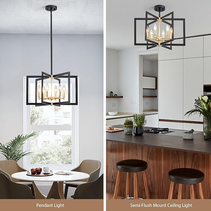 Black and Gold Chandelier 6-Light, Dining Room Light Fixture Geometric Metal Modern Chandelier Lighting for Kitchen Island Living Room Entryway, 20 Inch Pendant Lighting Hanging Ceiling Lamp