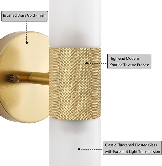 Gold Knurled Texture Wall Sconce Frosted Glass Shade Modern Bathroom Vanity Light Fixtures 2-Lights Mid Century Wall Light for Mirror Living Room Hallway E26 T10 Bulbs(Excluded)