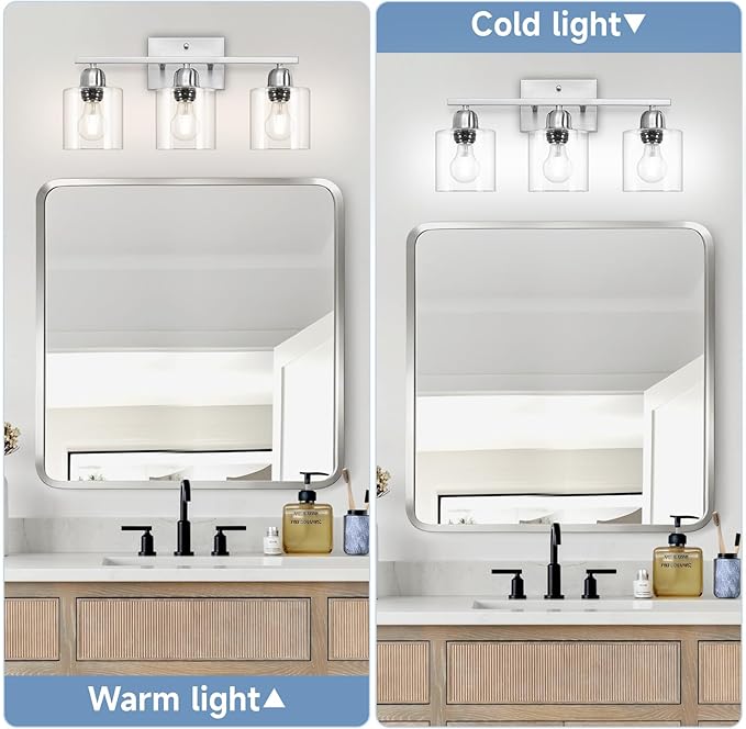 Modern Brushed Nickel 3 Light 19 inch Vanity Lights for Bathroom with Clear Glass, Bathroom Lighting Fixtures Over Mirror for Mirror Kitchen Living Room Hallway Cabinet Porch