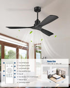 52 Inch Ceiling Fans Without Lights, Outdoor Ceiling Fan No Light, 3 Wood Blades, 3 Downrods, Timer, 6 Speeds Modern Ceiling Fan with Remote Reversible DC Motor for Patios, Matte Black