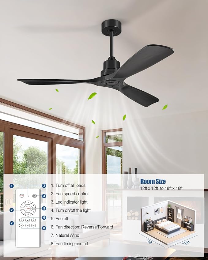 52 Inch Ceiling Fans Without Lights, Outdoor Ceiling Fan No Light, 3 Wood Blades, 3 Downrods, Timer, 6 Speeds Modern Ceiling Fan with Remote Reversible DC Motor for Patios, Matte Black
