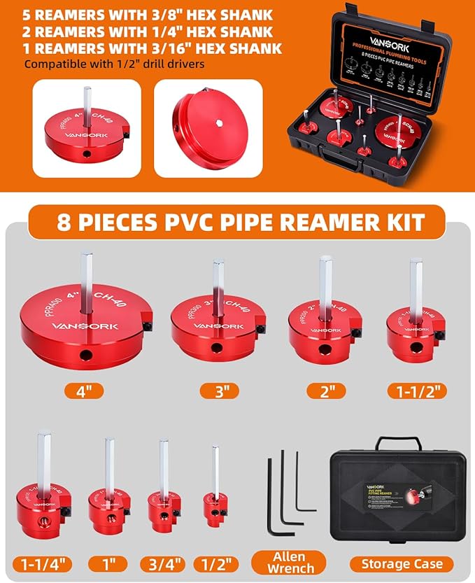 8 Pieces PVC Pipe Reamer Kit with 1/2 inch, 3/4 inch, 1 inch, 1-1/4inch, 1-1/2inch, 2inch, 3inch, 4inch, Aluminum PVC Fitting Saver, Plumbing Tools for SCH40, Fit into Standard 1/2" Drills