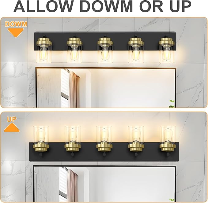 IZORRO Bathroom Vanity Light Fixture, 5-Light 36 Inch Black and Gold Bathroom Light Fixtures Over Mirror, with Clear Glass Shade, Modern Farmhouse Vanity Lights, Rustic Restroom Lighting Fixtures