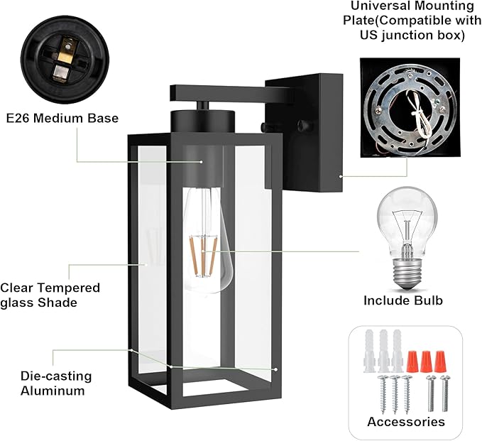 Tipace Outdoor Wall Lantern 2 Pack Black Exterior Wall Sconce with Clear Glass Shade Wall Mount Lights for Entryway,Porch,Doorway(2700K E26 Bulbs Include)