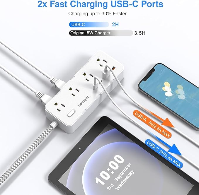 Power Strip Surge Protector - Multi Plug Outlet Adapter with 8 Widely Outlets & 4 USB Ports (2 USB-C), 5FT Extension Cord 45 ° Ultra Thin Flat Plug, Wall Mount for Office Travel Dorm and More
