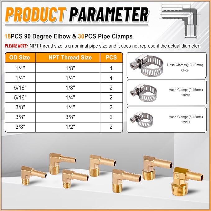 KOOTANS 18PCS Brass Hose Barb Fittings 90 Degree Elbow Barb to NPT Male Thread Adapter Kit 1/4" 5/16" 3/8" Barbed Air Hose Fittings with 30pcs Pipe Clamps for Water Fuel Air Line Connector Fitting