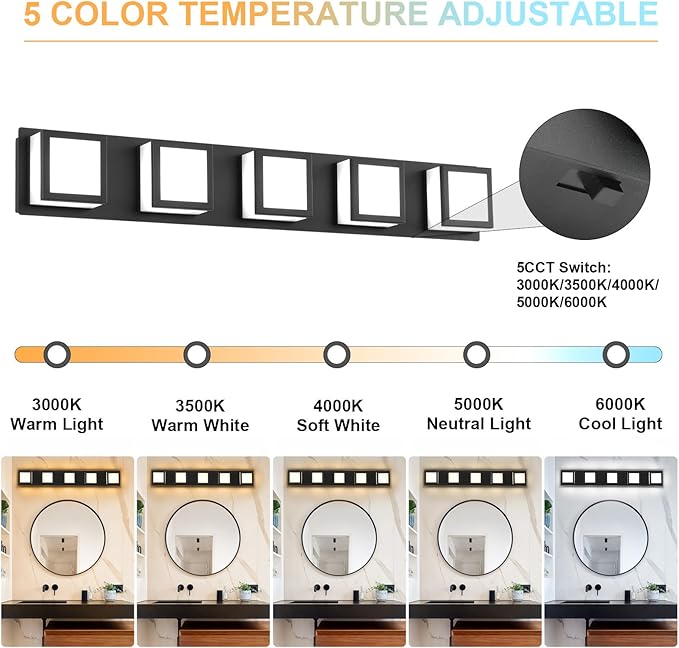5-Light Bathroom Lighting Fixtures Over Mirror (5CCT, Dimmable), Black Led Modern Vanity Light for Bathroom (3000K/3500K/4000K/5000K/6000K)