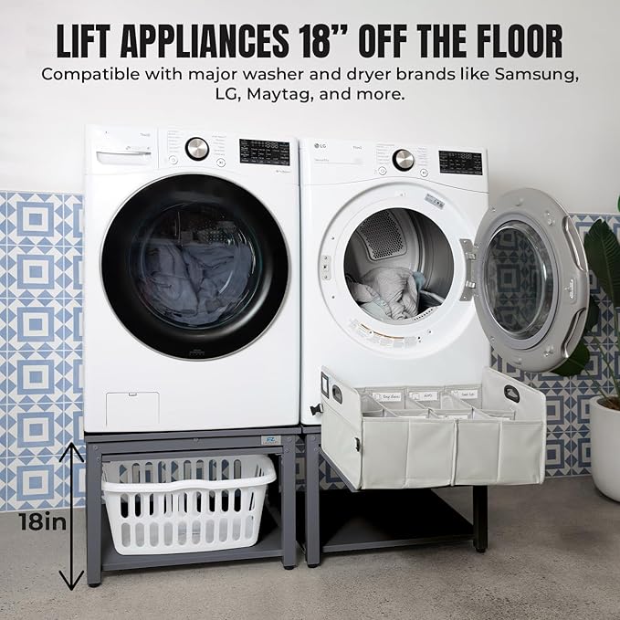 Washer and Dryer Pedestals with Pullout-Shelf - 29" W, 18" H, Gray Steel Universal Fit with Major Brands | Laundry Pedestal with Drain Pan & Hose | Washer Stand for Back Pain Relief, 800 lbs Capacity