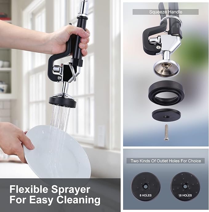 Commercial Kitchen Faucet Wall Mount with Pre-Rinse Sprayer 21" Height Wall Mount Kitchen Sink Faucet 8 Inch Center with 10" Add-on Swing Spout Faucet & Coiled Spring Pull Down Spray