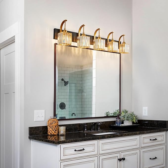 Crystal Vanity Lights 5-Light Black Gold Bathroom Vanity Lights Modern Crystal Bathroom Light Fixtures Over Mirror 42.51" Long Vanity Light for Bathroom