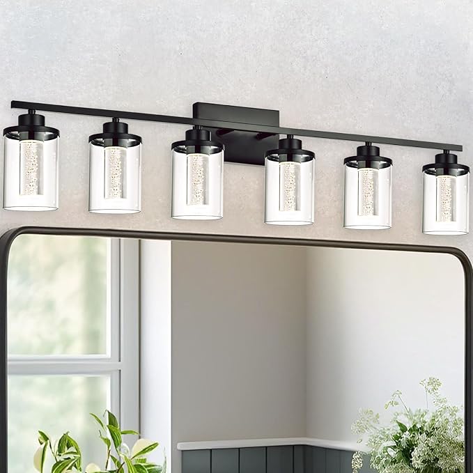 6-Light Bathroom Vanity Lights Over Mirror,Black Bathroom Led Vanity Light,Wall Sconce Light Fixtures with 5CCT6 Dimmable LED&Clear Glass Shade for Bedroom,Living Room,Cabinet Wall Lamp