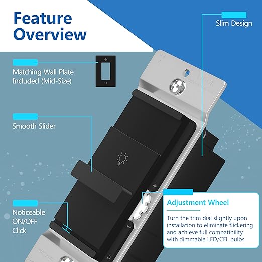 LIDER Dimmer Switch for Dimmable 200W LED/CFL Lights, Single Pole, 120 V, Modern Upgrade, UL Listed, Wall Plate Included, Black, 2 Pack
