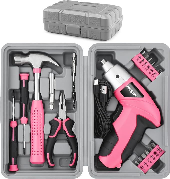 Hi-Spec Electric Screwdriver 19pc 3.6V Pink USB Small Power Screwdriver Set. Cordless & Rechargeable wtih Compact Hand Tool Box Set