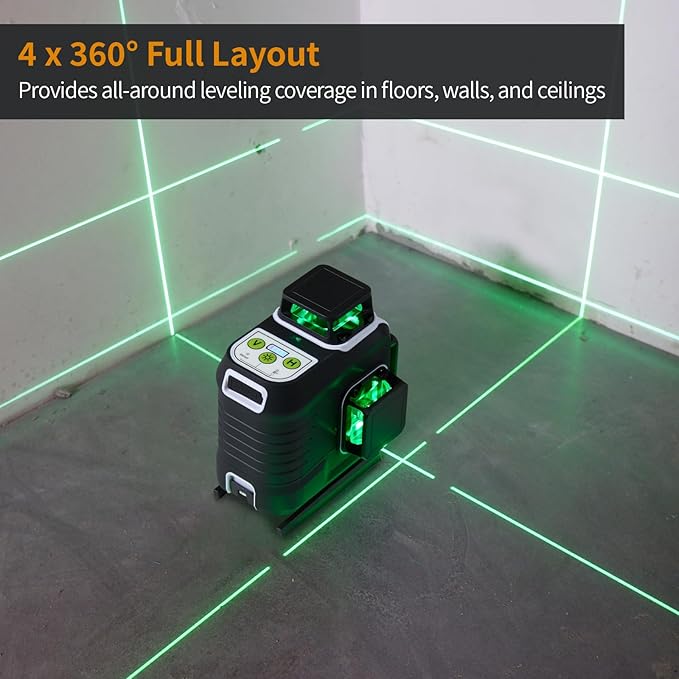 Firecore 4 x 360 Laser Level Self Leveling, 16 Lines Green Beam 4D Cross Line Tiling Floor Tool, 3 Gear Brightness Adjustment/Pulse Mode for Construction, 2 Li-ion Batteries, Remote Control included