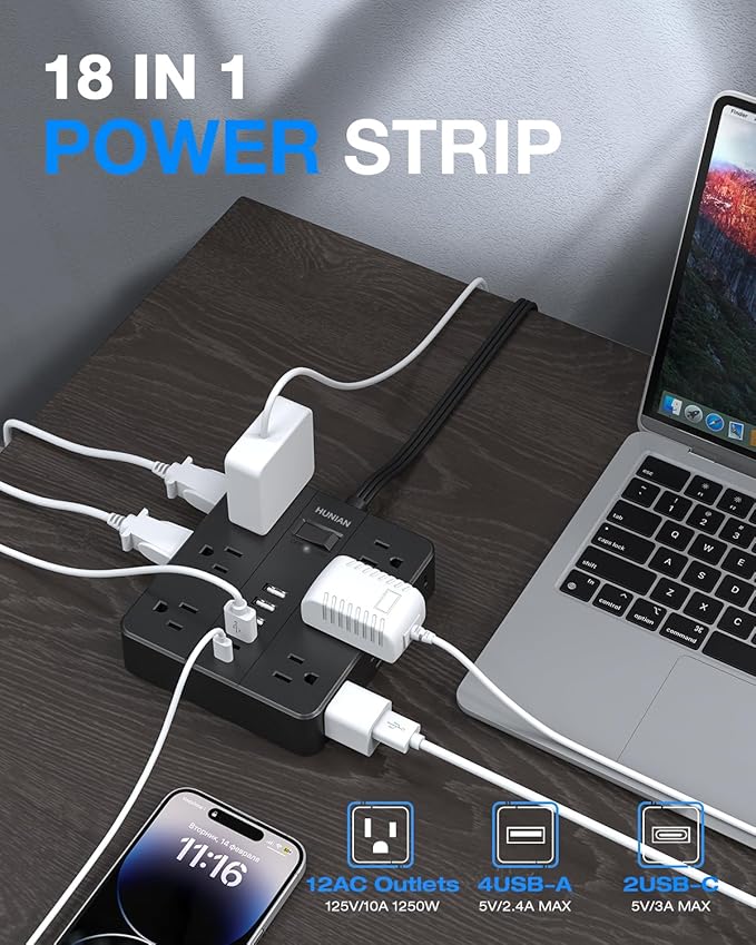Flat Plug Surge Protector Power Strip, HUNIAN 12 Widely Spaced Outlets with 6 USB Charger (2 USB C Ports), 10 Ft Extension Cord Desk Charging Station for Home Office Supplies, Dorm Room, Black