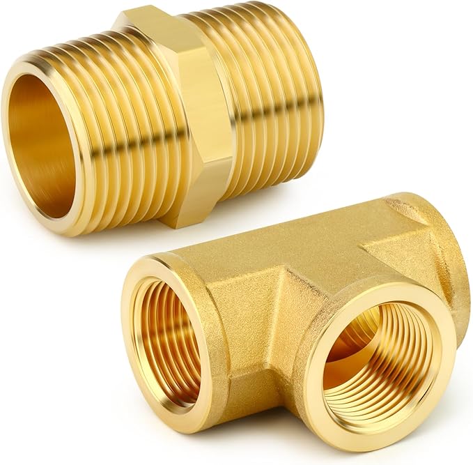 GASHER 2PCS Brass Tee Pipe Fittings, 1/2" NPT Female x 1/2" NPT Female x 1/2" NPT Male Pipe Fittings, Male Run Tee
