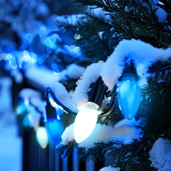 Brightown C9 LED Replacement Christmas Bulbs, 25 Pack Blue and White Shatterproof C9 Bulbs, Waterproof Commercial LED Holiday Bulb for Christmas String Light, E17 Intermediate Base, Dimmable