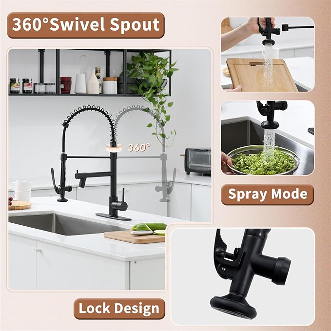 Fapully LED Kitchen Faucet with Pull Down Sprayer,Commercial Matte Black Kitchen Sink Faucet with Deck Plate