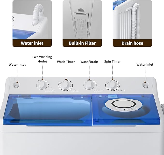 VCJ Portable Washing Machine, Twin Tub Washing Machine Laundry Compact Washer spinner Combo with 40lbs capacity, 24Lbs Washer and 16Lbs Spinner dryer for Apartments RVs and Dorms