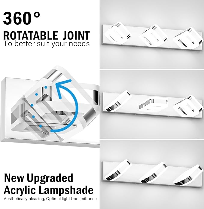 Tipace LED Modern Bathroom Vanity Light Fixtures (3-Light,23.6-Inch), Acrylic Chrome Bathroom Wall Lighting Fixtures Over Mirror (Cool White 5500K) with Rotatable Vanity Lights Heads