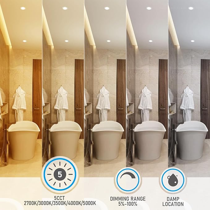 TORCHSTAR 5CCT 4 Inch Slim LED Recessed Lighting with Junction Box, Dimmable 10W Ultra-Thin Recessed Light, 2700K3000K3500K4000K5000K Selectable, 700LM LED Downlight, ETL & Energy Star, Pack of 6