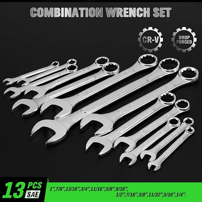 30-Piece Combination Wrench Set, Metric (6mm-24mm) & SAE (1''-1/4"), Standard Spanner Wrench Set, Mechanic Tool Sets with Rolling Pouch, Open End Wrenches for Household, Garage, Workshop, Auto Repairs