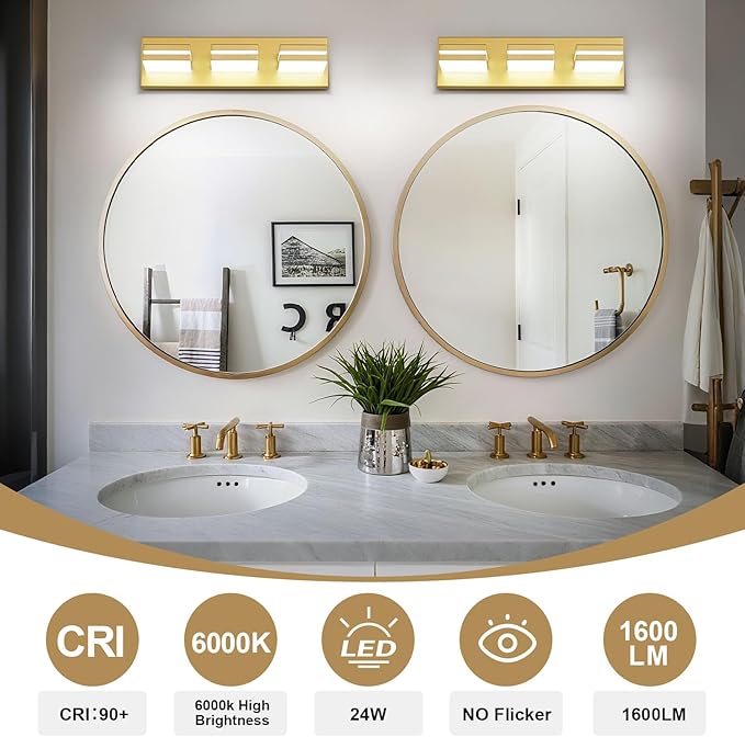 Modern LED Bathroom Lights Fixtures(3-Light),Metal Gold Acrylic Wall Lighting,Vanity Lights for Bathroom Over Mirror 6000k 16In
