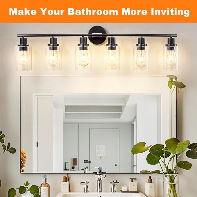 DLLT 6-Light Bathroom Light Fixtures: Black Modern Vanity Lights with E26 Bulbs - Clear Glass Shade Bathroom Wall Lamp for Mirror Kitchen Living Room Hallway Cabinet Porch