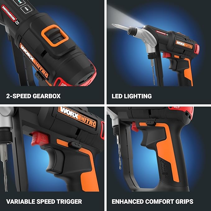 WORX Nitro 20V SwitchDriver 2.0 with 85 pc Accessory Kit, 2-in-1 Brushless Cordless Drill Driver, Drill Set Rotatable Dual 1/4" Chucks, WX177L.2 – (Battery & Charger Included)