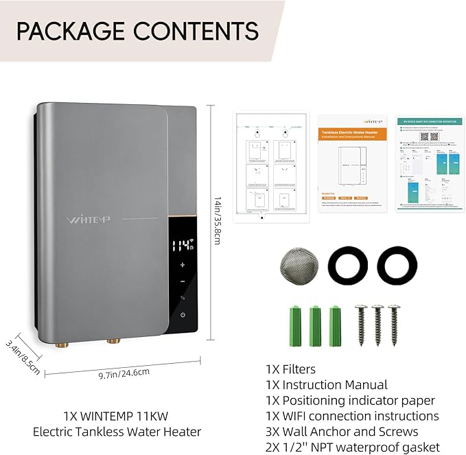 11kW 240V Tankless Water Heater Electric, On Demand Instant Hot Water Heater, Up to 2.6 GPM, with LED Temperature Display, Self-Modulating Technology ETL Certified