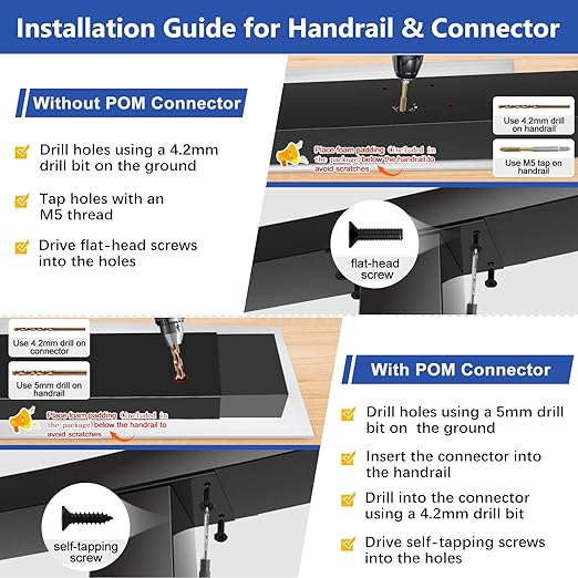 2Pack 8FT T304 Stainless Steel Handrails Black with Extension Connectors End Cap Kits for Cable Railing System Posts Kit, Cuttable Rectangular Handrails Flat Top Rail (Flexible DIY)