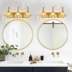 Vintage Bathroom Vanity Light, 3-Light Gold Vanity Lighting Fixture with Flower Glass Shade, Bathroom Lighting Fixtures Over Mirror