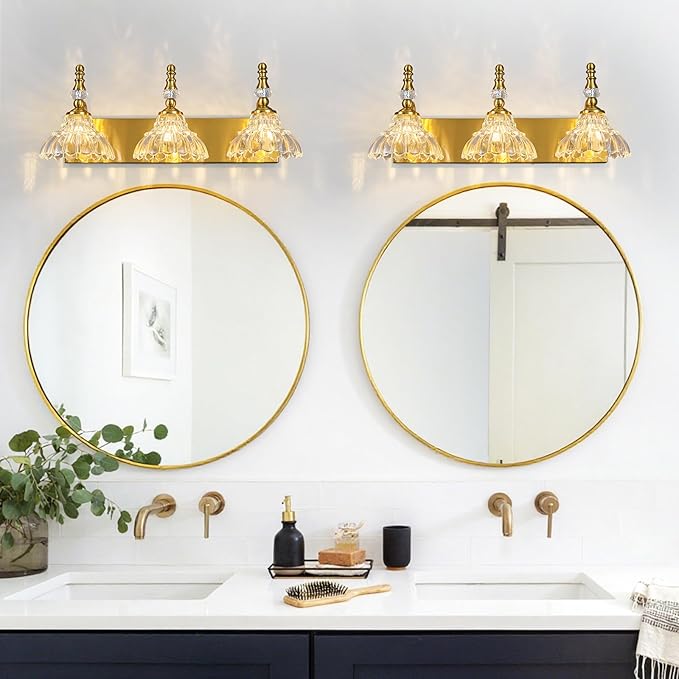 Vintage Bathroom Vanity Light, 3-Light Gold Vanity Lighting Fixture with Flower Glass Shade, Bathroom Lighting Fixtures Over Mirror