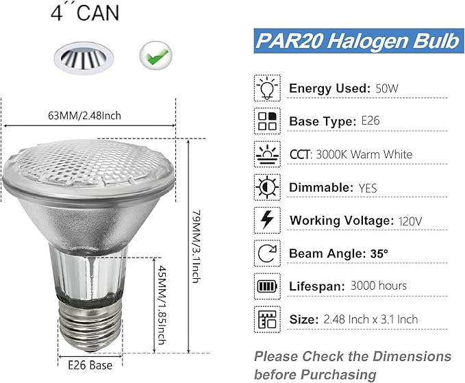 PAR20 Halogen Light Bulbs 3 Pack 120V 50w Dimmable, E26 Medium Base Flood Light Bulbs with 3000k Warm White,High Output Reflector for Kitchen Stove Hood and Range Hood Light Bulb.