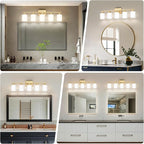 Gold Bathroom Light Fixtures, 5-Light Modern Vanity Light Over Mirror, Wall Sconces with Milky White Frosted Glass Shades, E26 Socket (Bulbs Not Included)