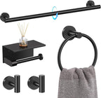 TQKAG 5 Piece Bathroom Towel Bar Holder Sets Matte Black Bathroom Hardware Set Stainless Steel Toilet Paper Holder with Shelf Bathroom Accessories Kit Wall Mounted