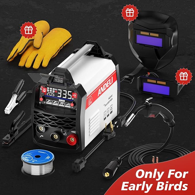 ANDELI 135Amp MIG Welder 110V/220V Dual Voltage, Portable Gasless Welder Flux MIG/Lift Tig/Stick 3-in-1 Multiprocess Welder LED Digital Display Welding Machine IGBT Inverter Welder