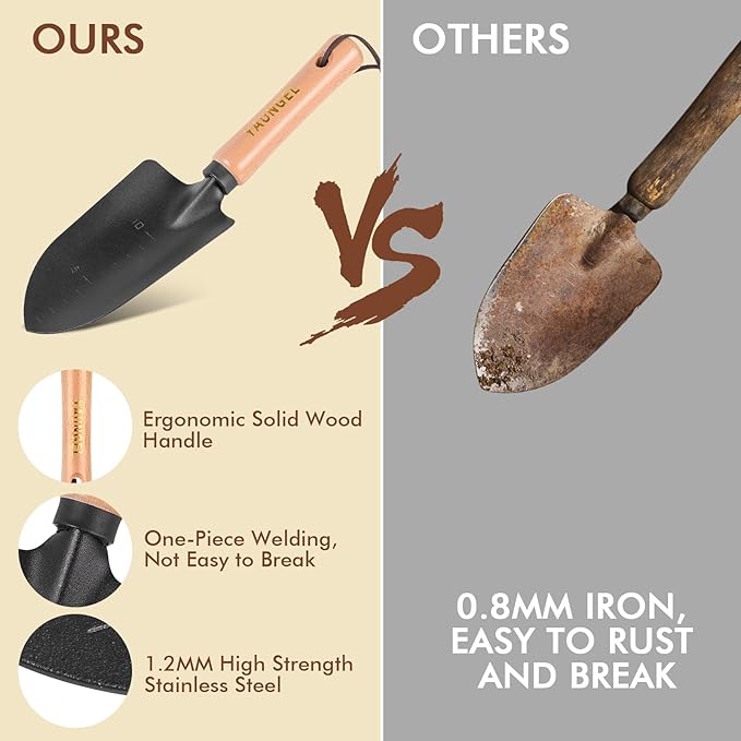 YAUNGEL Garden Tools - 10Pcs Garden Tool Set Heavy Duty Stainless Steel Gardening Supplies Hand Tools with Wooden Handle, Storage Tote Bag, Ideal Gardening Gifts for Women and Men, Black