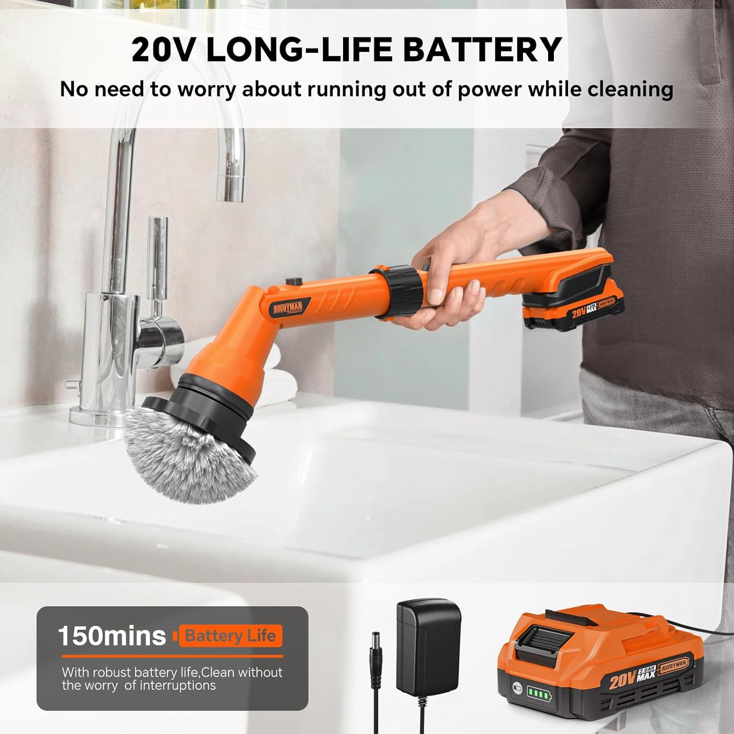 1000RPM Electric Spin Scrubber, 20V Cordless Cleaning Brush with Adjustable Extension Arm, 4 Replaceable Cleaning Heads, Hook and Gloves, 1 Hour Fast Charge, Waterproof - for Bathroom/Tub/Tile/Floor