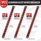 Magnetic Socket Organizer, 3-Piece Heavty Duty Aluminum Socket Holder, Socket Rail for Tool Box, Premium Quality 360° Swivel Socket Rack Kit with 40 Clips for 1/2, 3/8, 1/4-Inch(Red)