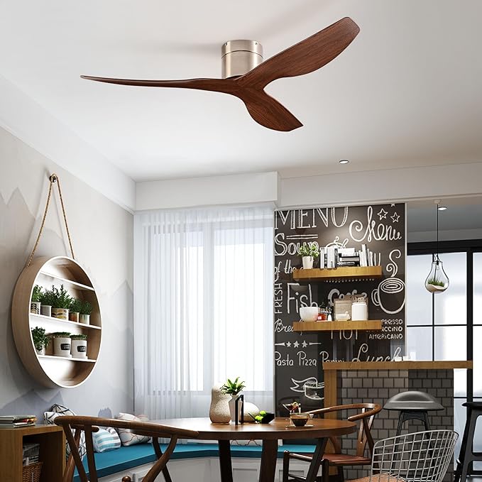 52-Inch Ceiling Fan Without Light, Modern Low-Profile Flush Mount Fan with Remote, 6-Speed Reversible Quiet DC Motor,for Balcony, Living Room, Bedroom (No Light)