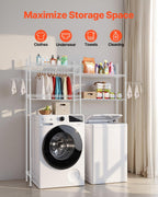 VEVOR Over The Washer and Dryer Storage Shelf, 4 Tier Laundry Room Drying Rack with Hanger Rod and Hooks, Adjustable Over Washer and Dryer Shelves, Laundry Room Shelf Storage Space Saver, White