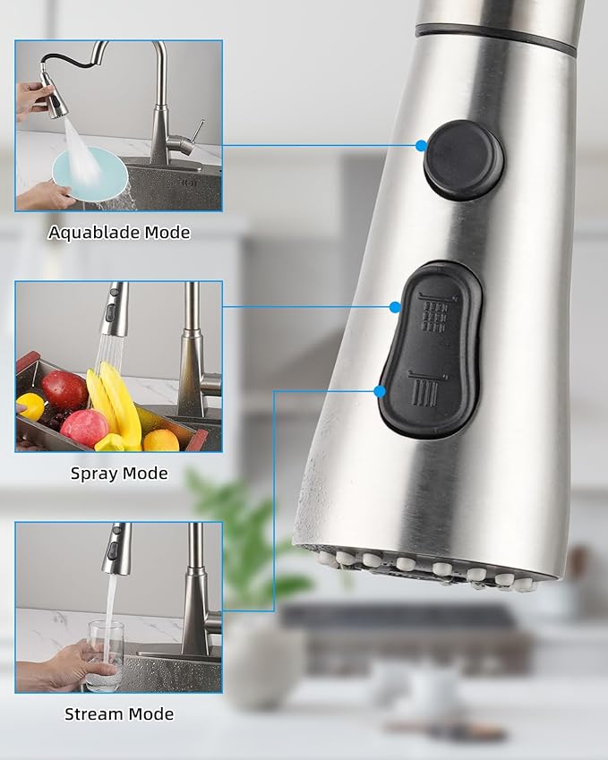 Hibbent Stainless Steel Pull Down Spray Head Replacement with 15 Adapters, NSF/ANSI/CAN 61 & CUPC Certified 3-Function Kitchen Faucet Nozzle, Compatible with Moen, Delta, Kohler Faucet, Brushed Nickel