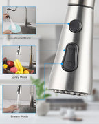 Hibbent Stainless Steel Pull Down Spray Head Replacement with 15 Adapters, NSF/ANSI/CAN 61 & CUPC Certified 3-Function Kitchen Faucet Nozzle, Compatible with Moen, Delta, Kohler Faucet, Brushed Nickel